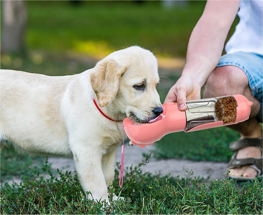 3-in-1 dog travel bottle — water, food & waste bags in one
