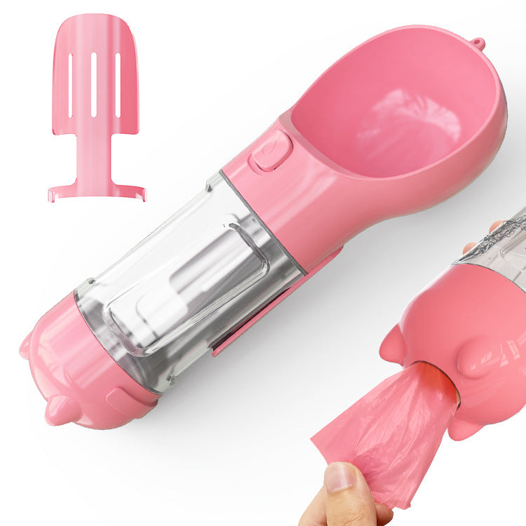 3-in-1 dog travel bottle — water, food & waste bags in one