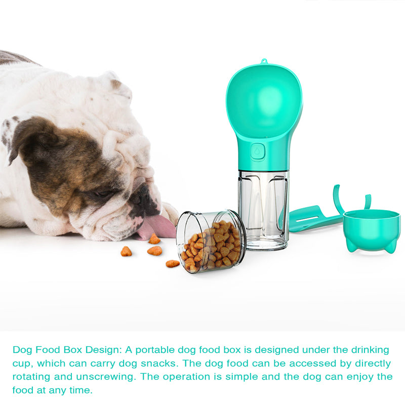 3-in-1 dog travel bottle — water, food & waste bags in one