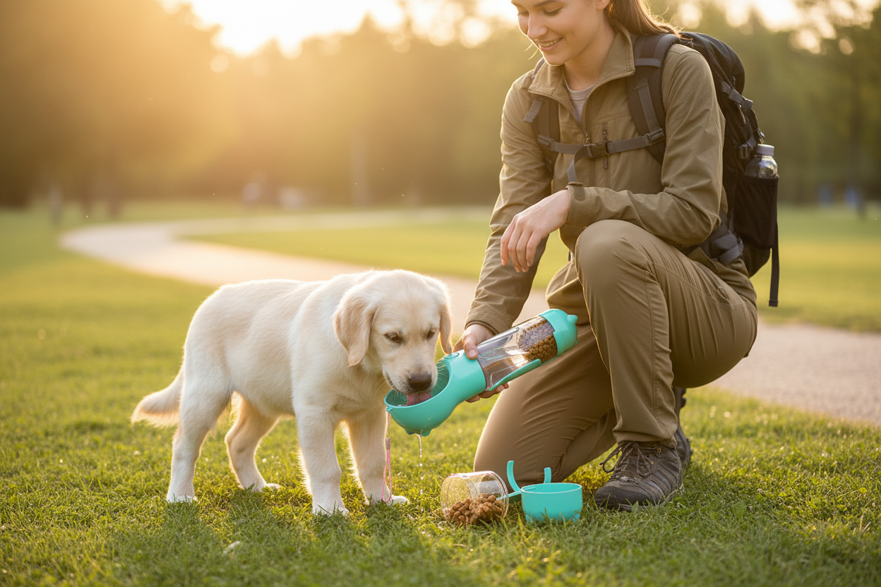 Dog using 3-in-1 portable water bottle outdoors